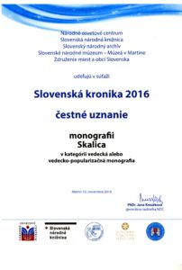 Slovenská kronika 2016 - ocenenie monografie Skalica